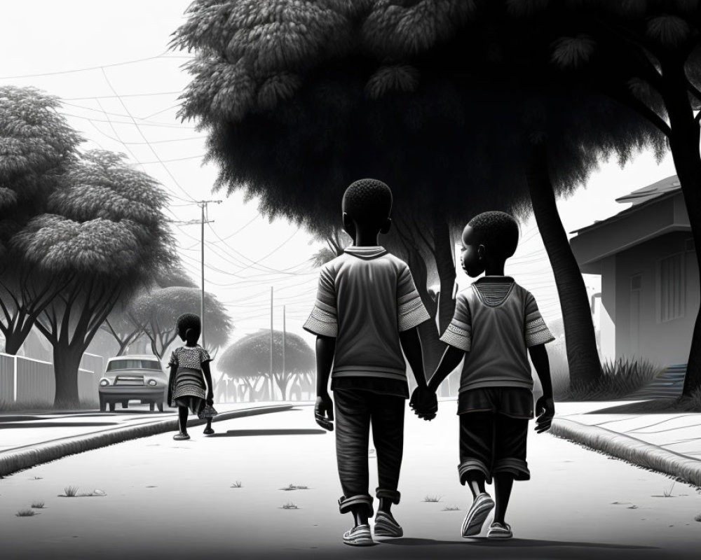 Monochrome image of children walking in suburban street