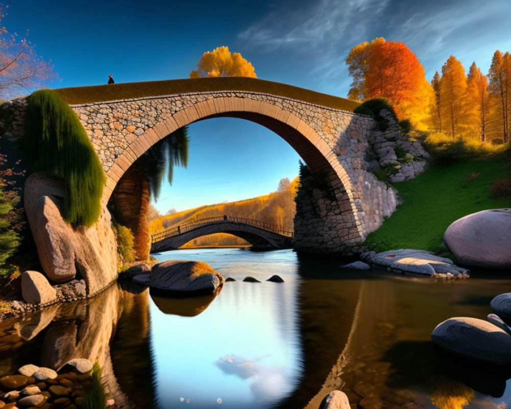 Stone arched bridge over river with autumn trees.
