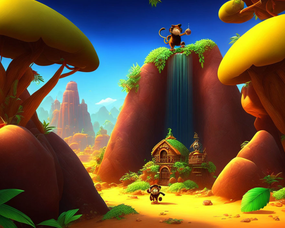 Jungle scene: Two monkeys in vibrant foliage near a waterfall cliff and cozy treehouse