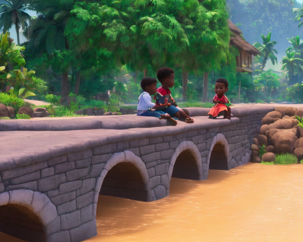Three children on arched stone bridge with lush greenery