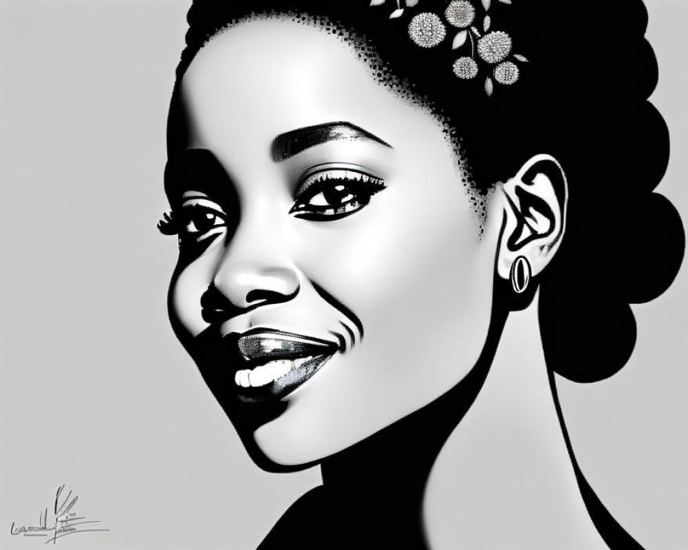 Monochrome illustration of smiling woman with floral hair, high contrast, elegant linework