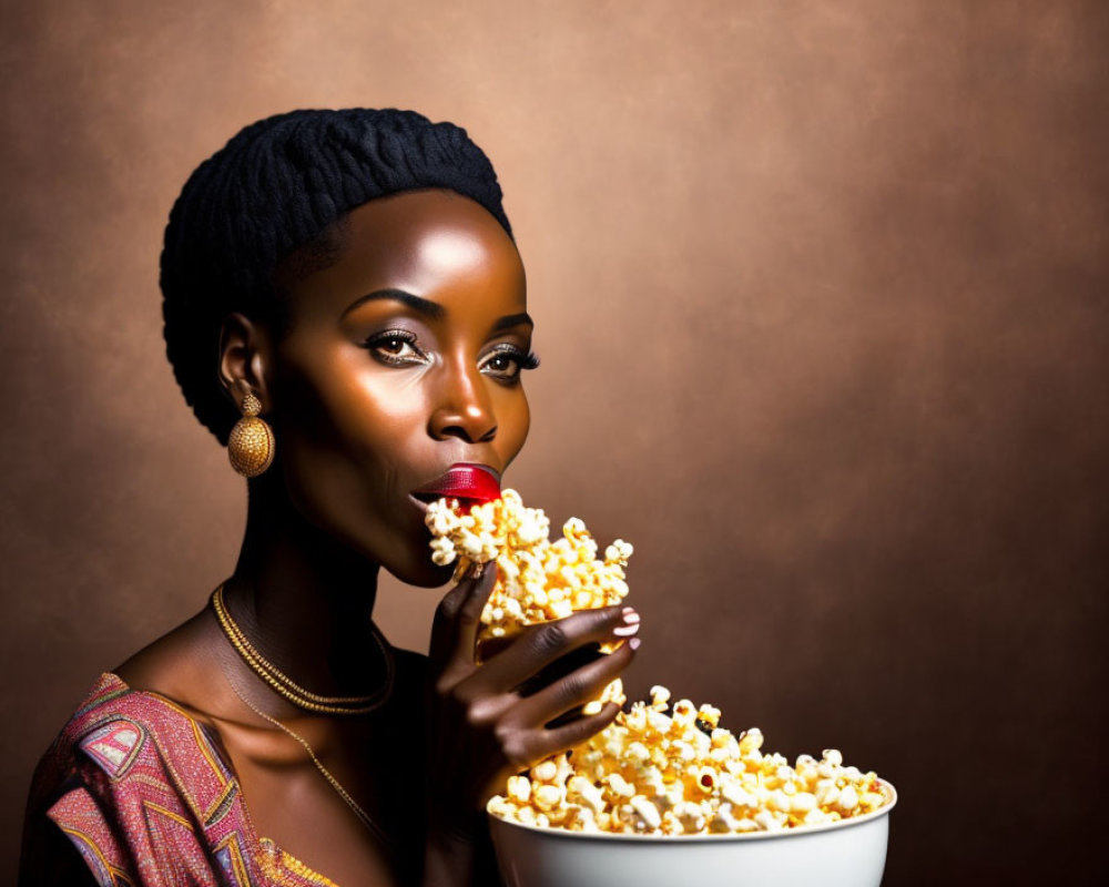 Striking makeup woman eating popcorn with elegant earrings