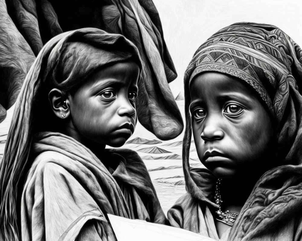 Children with draped head coverings displaying contemplative gazes