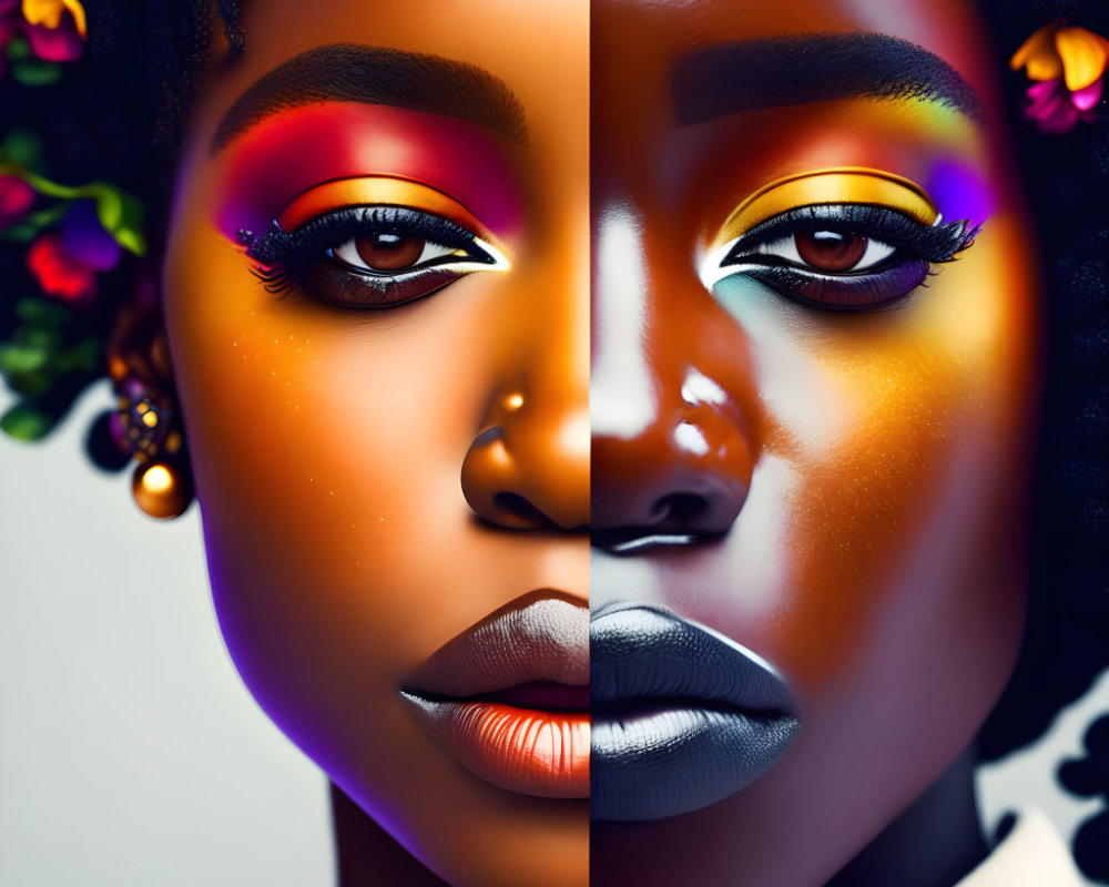 Digital Artwork: Woman with Dual-Faced Portrait showcasing Natural Tones and Vibrant Rainbow Makeup