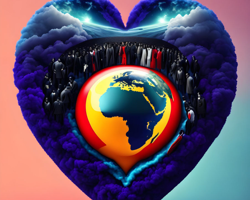 Heart-shaped frame with crowds around globe on pink and blue background