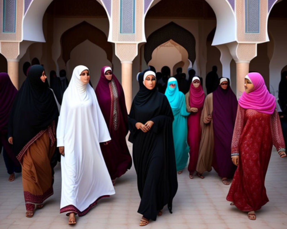 Women in colorful hijabs walking through ornate archway, one in white at front