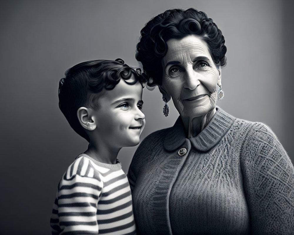 Generational bond between elderly woman and young boy in monochrome.