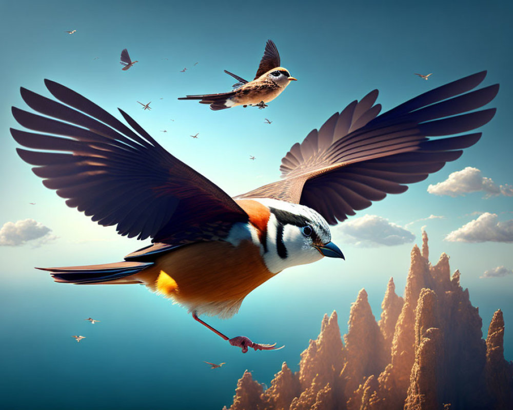 Birds flying over serene landscape with rock formations and blue sky