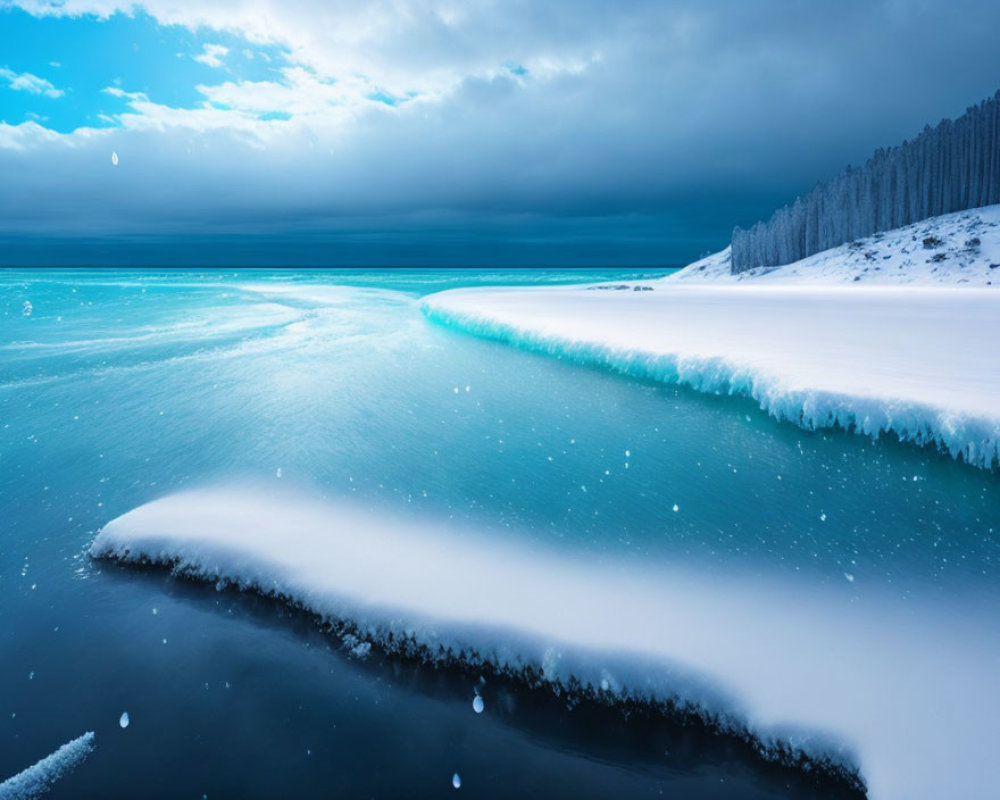 Frozen River in Snowy Landscape with Forest Edge and Blue Sky
