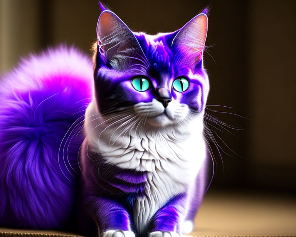 Digitally altered image of a cat with purple fur and green eyes indoors