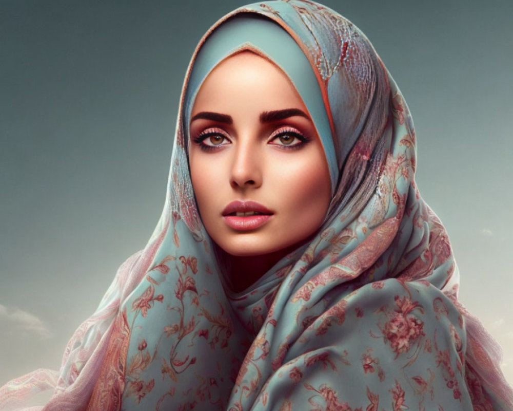 Portrait of a woman with striking eyes in blue and pink floral hijab