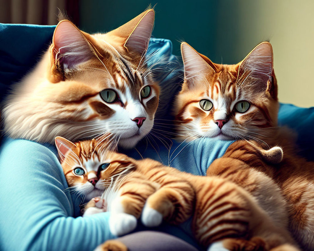 Three Ginger Cats with Green Eyes Relaxing on Blue Sofa