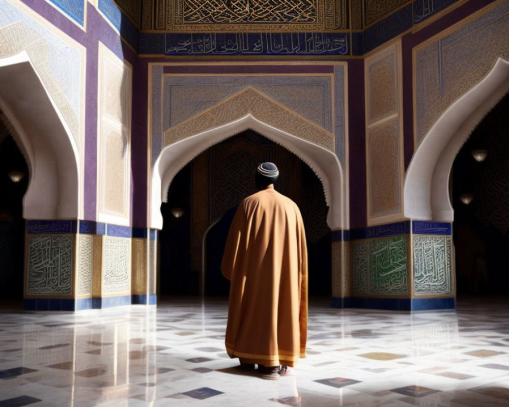 Traditional Attire Person in Peaceful Room with Islamic Patterns
