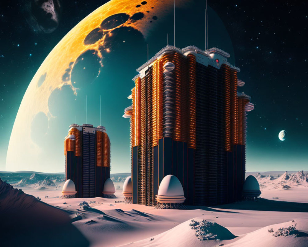 Futuristic colony on barren desert planet with high-rise buildings