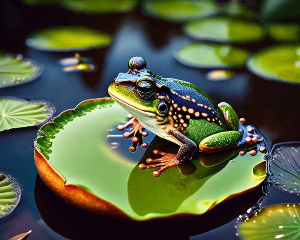 Colorful Frog Sitting on Lily Pad in Water Landscape