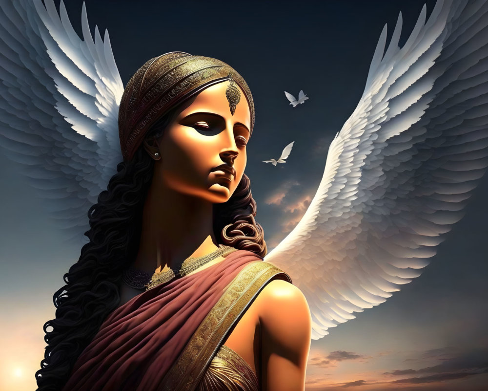 Woman with angelic wings in sunset sky wearing headband & draped garments