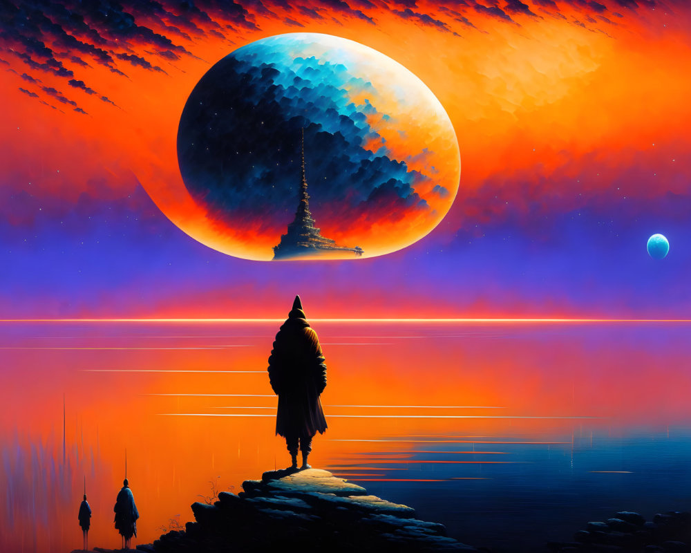 Figure gazes at surreal moon over vibrant sky and tranquil waters