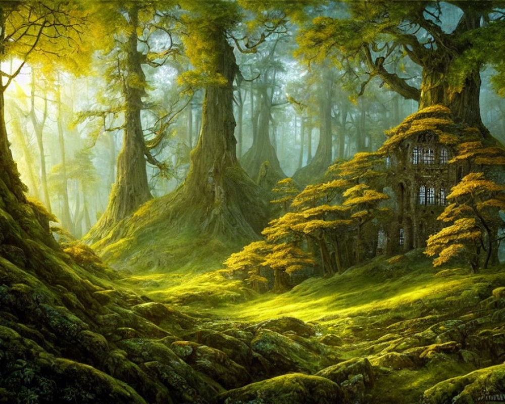 Mystical forest with towering trees and whimsical tree trunk house