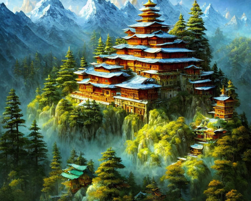 Scenic painting of traditional buildings in snowy mountains