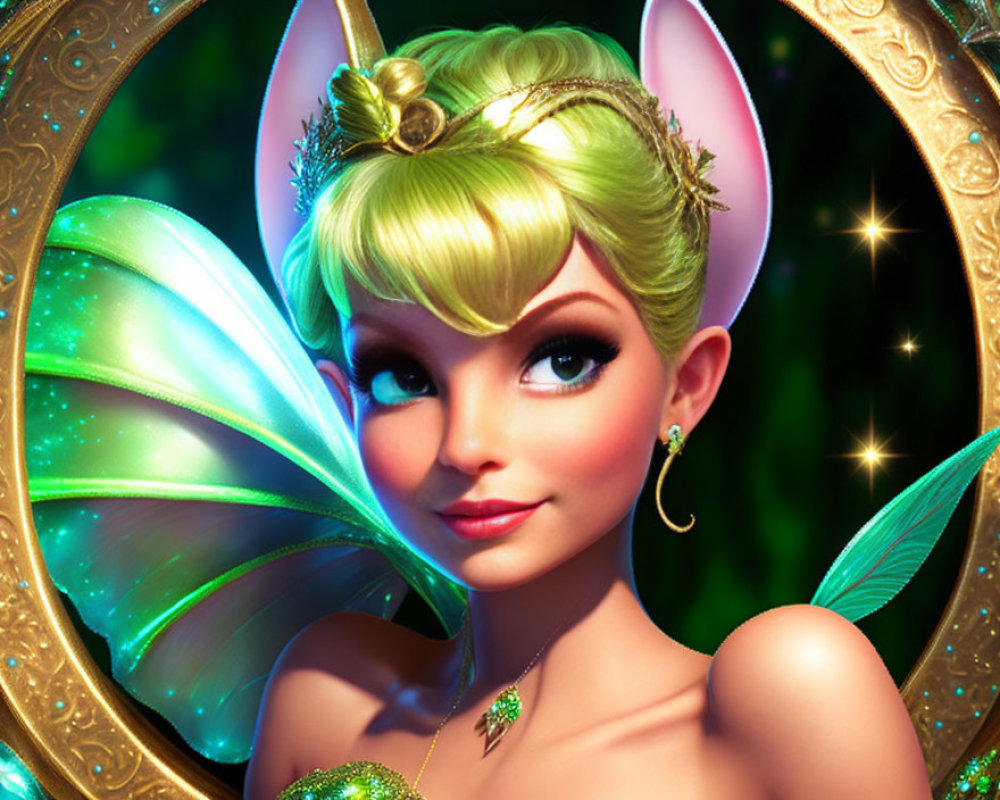 Illustrated fairy with green eyes and glowing wings in ornate golden frame