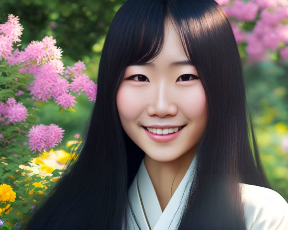 Young woman in traditional attire with black hair among colorful flowers in garden