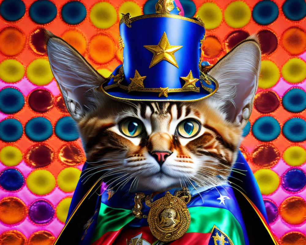 Colorful ceremonial uniform cat in blue star hat on vibrant background