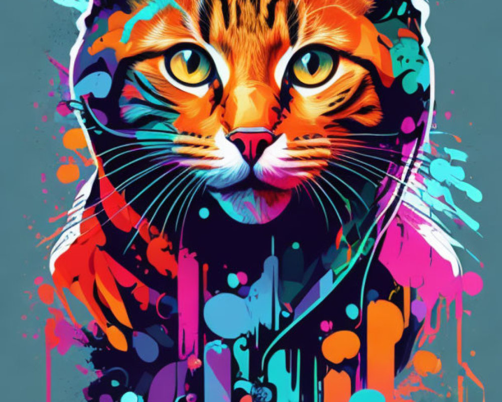 Colorful cat face art with intricate patterns on teal background