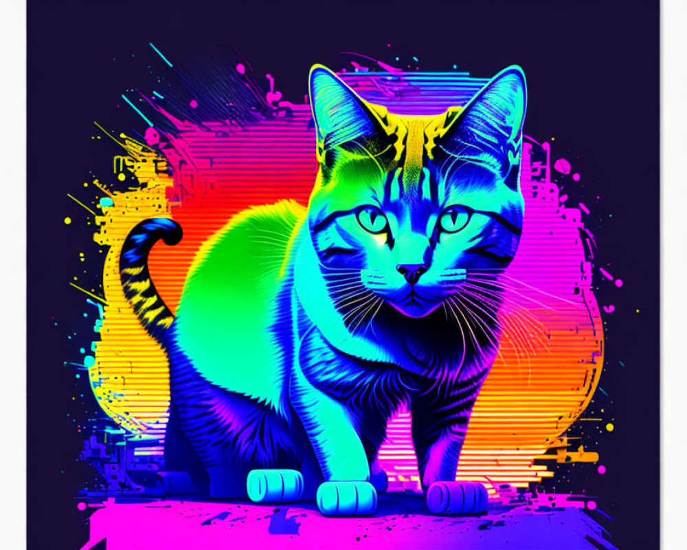 Colorful Neon Cat Illustration on Dark Retro Background
