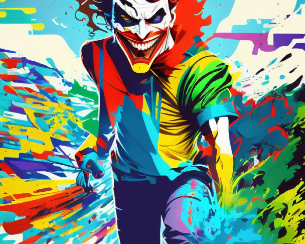 Colorful Joker illustration with exaggerated features and dynamic background