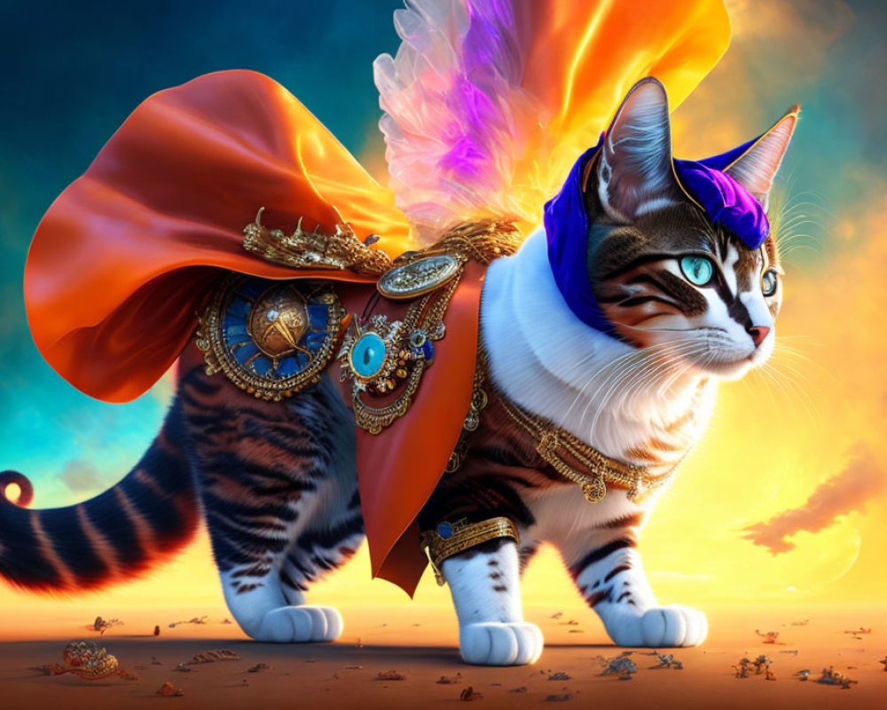 Majestic cat in heroic costume against dramatic sunset sky