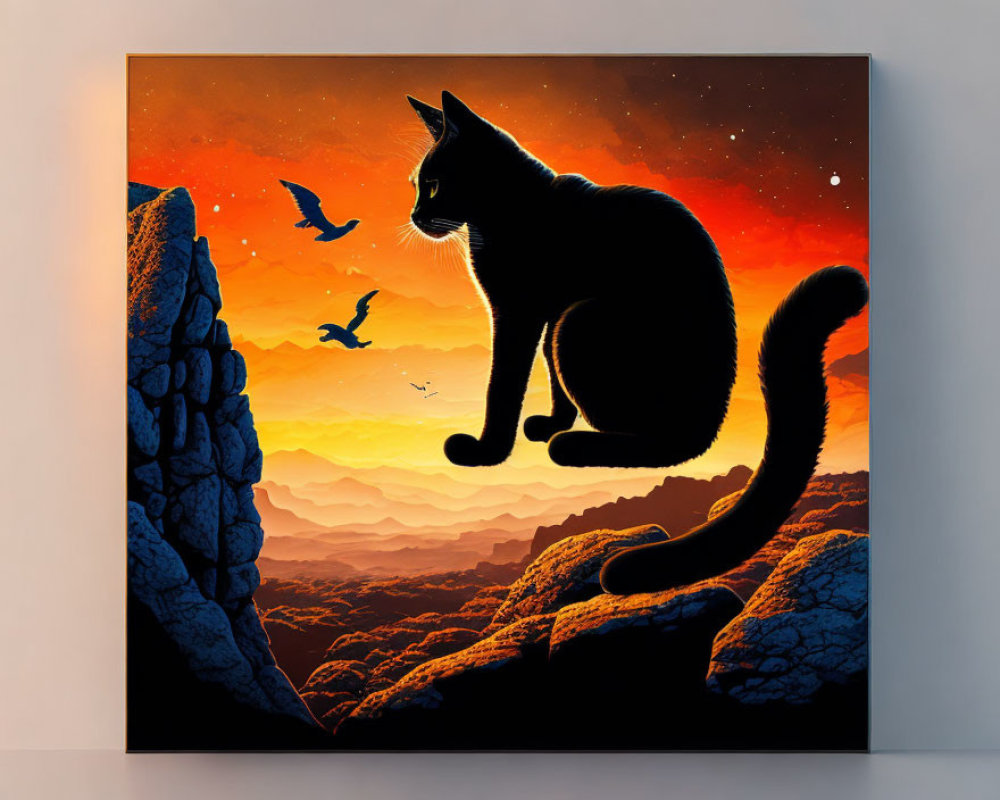 Silhouette of Cat on Rocky Ledge at Vibrant Sunset