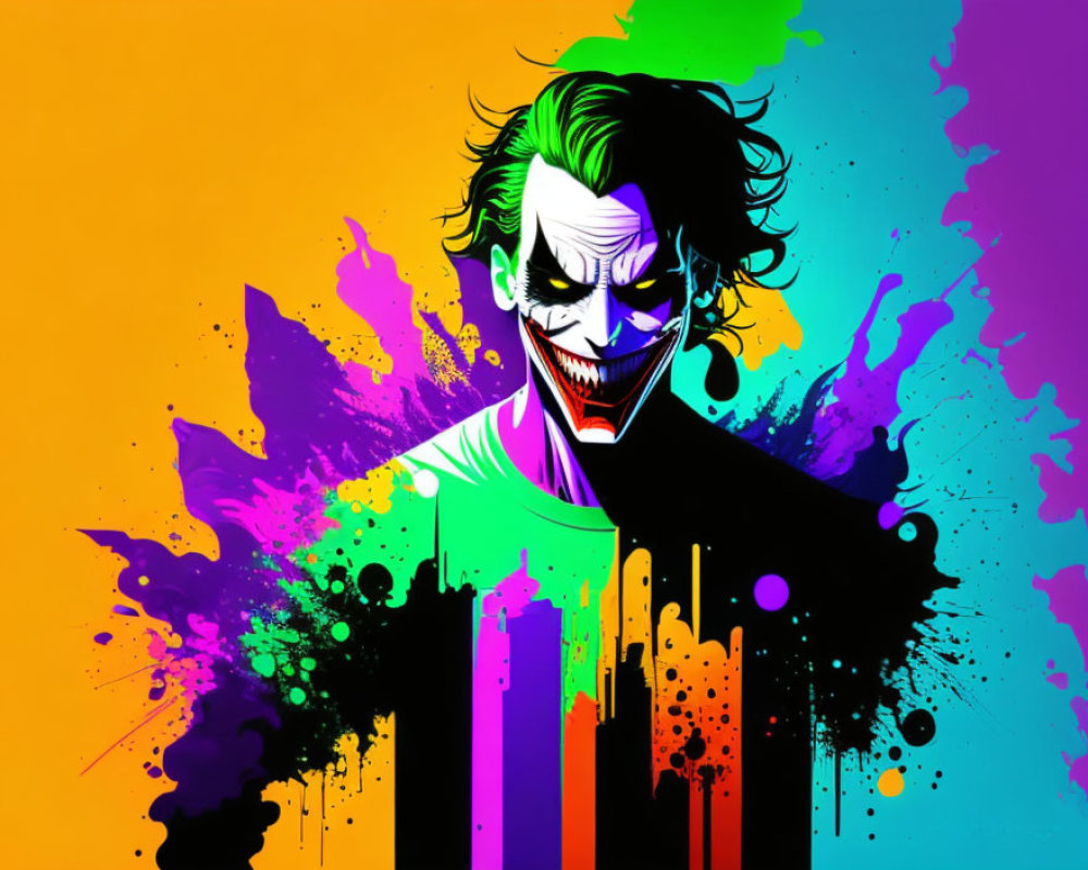 Sinister Joker illustration with vibrant smile and colorful paint backdrop
