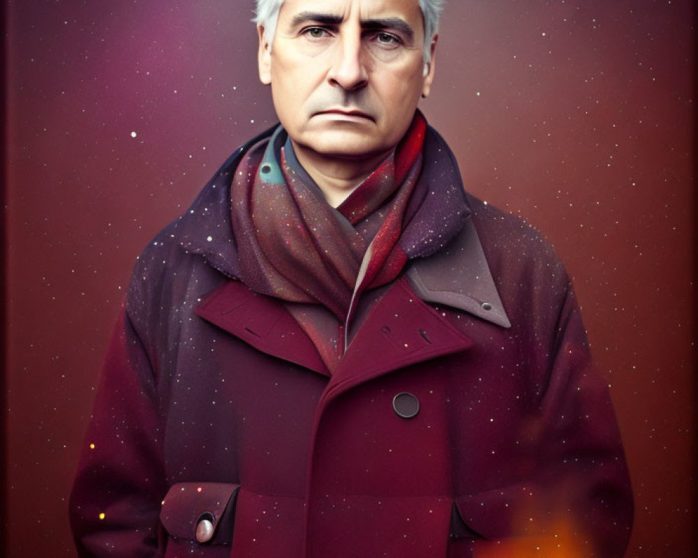 Silver-haired older man in maroon coat against mystical starry backdrop