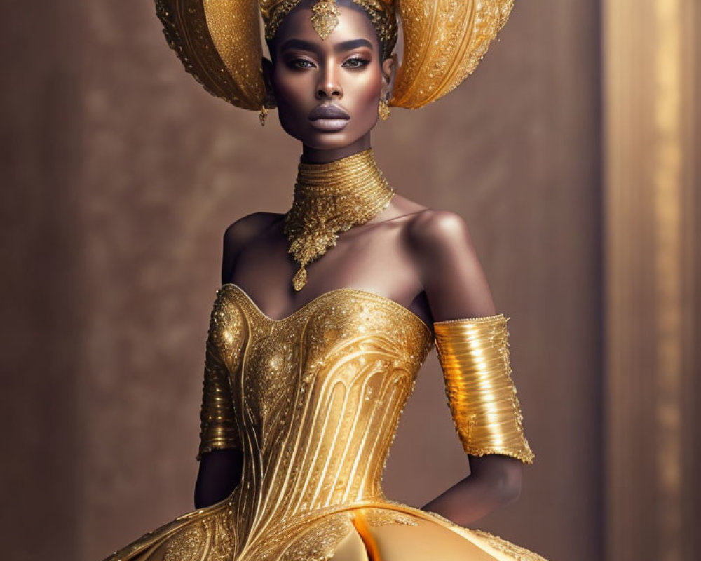 Elaborate gold headdress and couture gown on regal woman