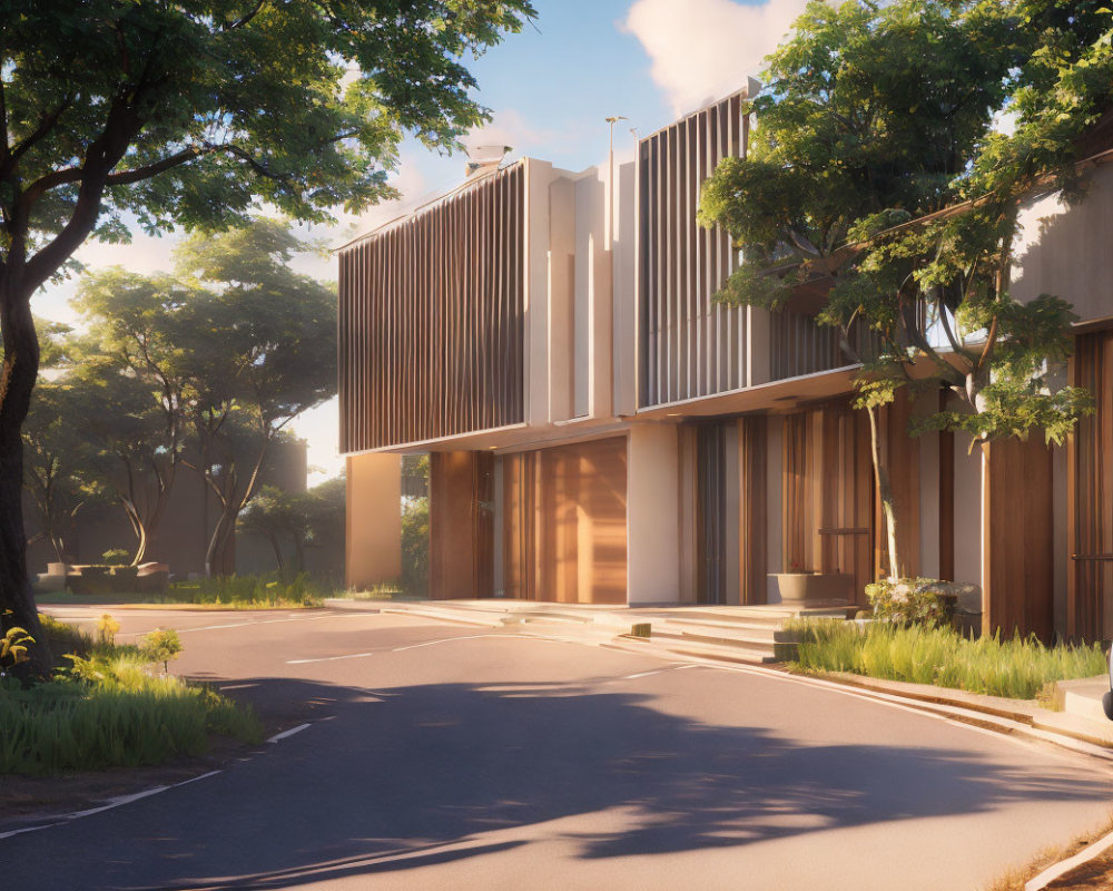 Contemporary building with vertical slats amidst greenery and sunlight
