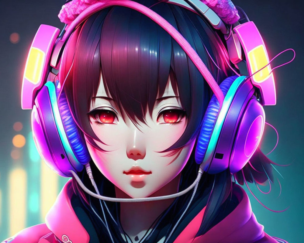 Futuristic anime female character with pink headphones and glowing eyes