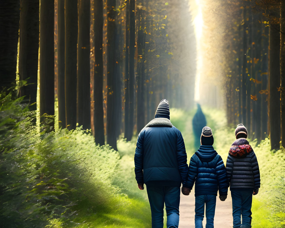Three individuals walking in a forest with sunbeams filtering through trees