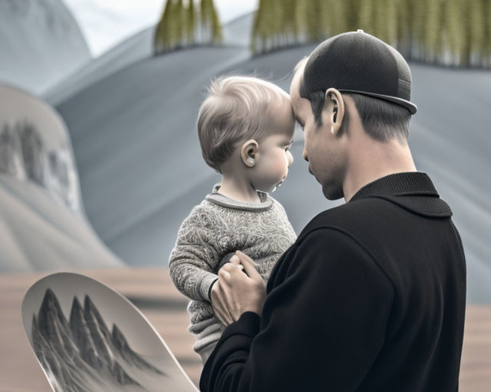 Adult holding child gazing over surreal paper landscape