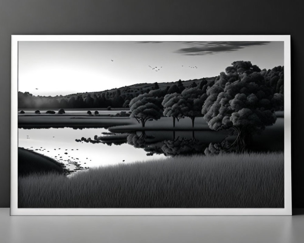 Serene monochrome lake landscape with trees and birds in flight displayed on wall