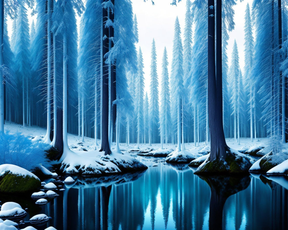 Snow-covered trees and calm river in serene winter scene