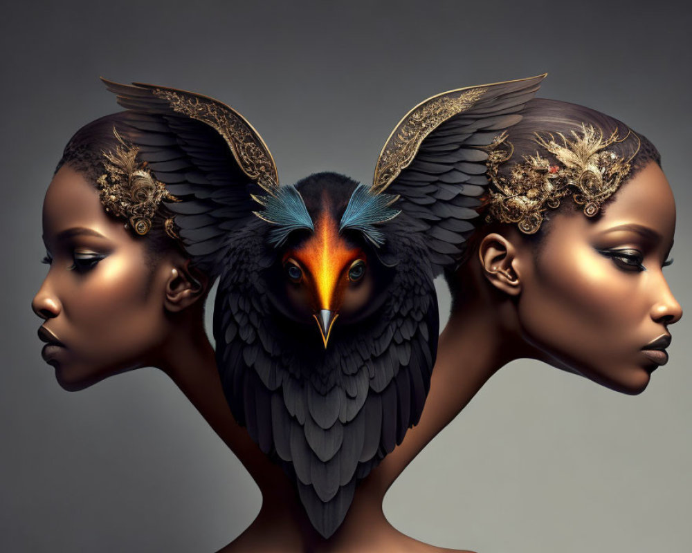 Elaborate Hairstyle Profiles and Bird Image in Art Piece