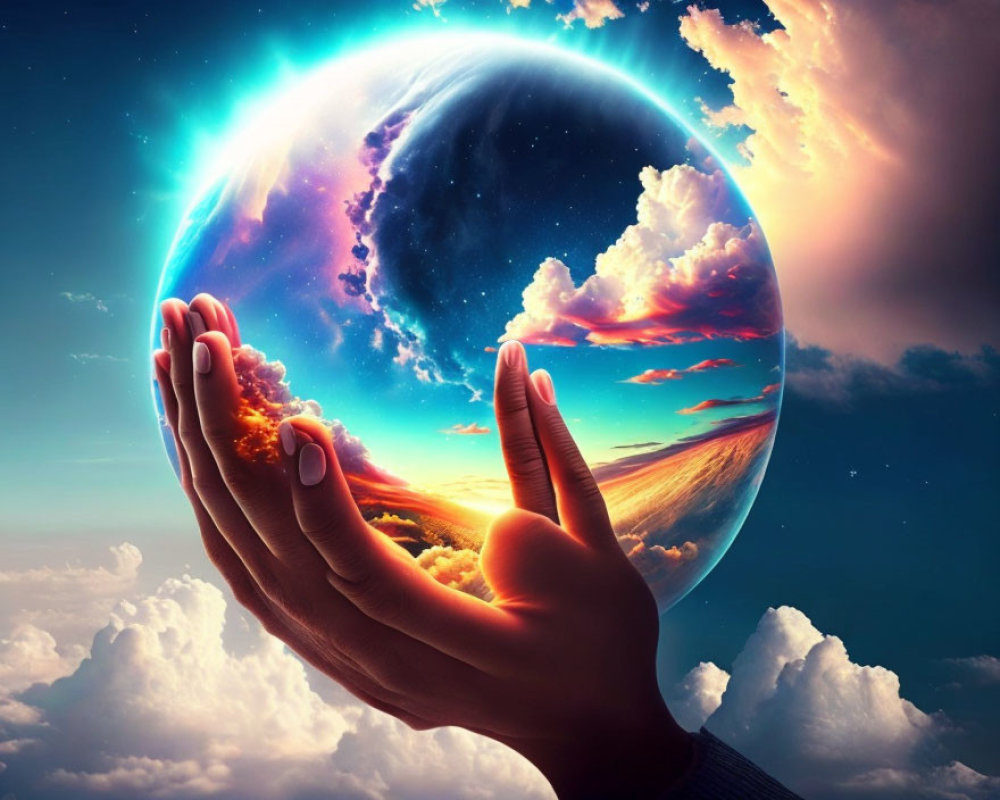 Luminous miniature planet held by two hands under dramatic sky