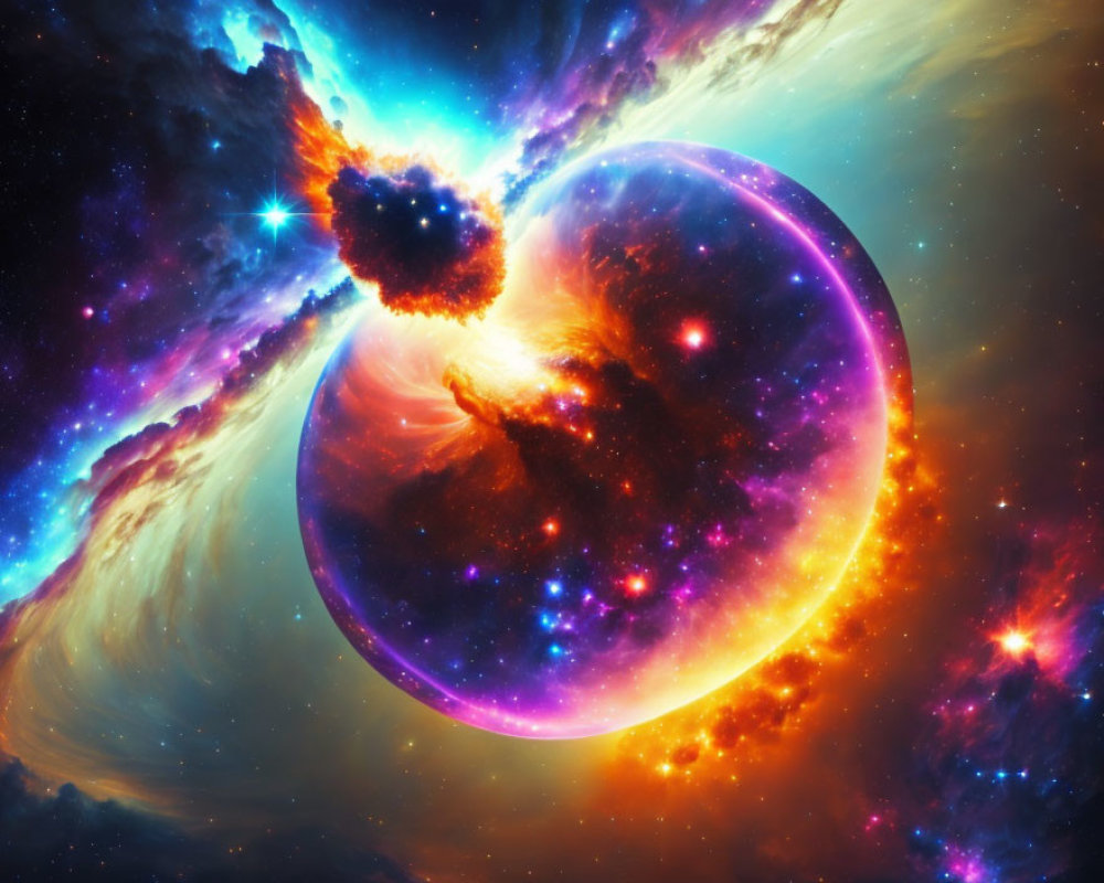 Colorful Nebula and Celestial Body in Vibrant Cosmic Scene