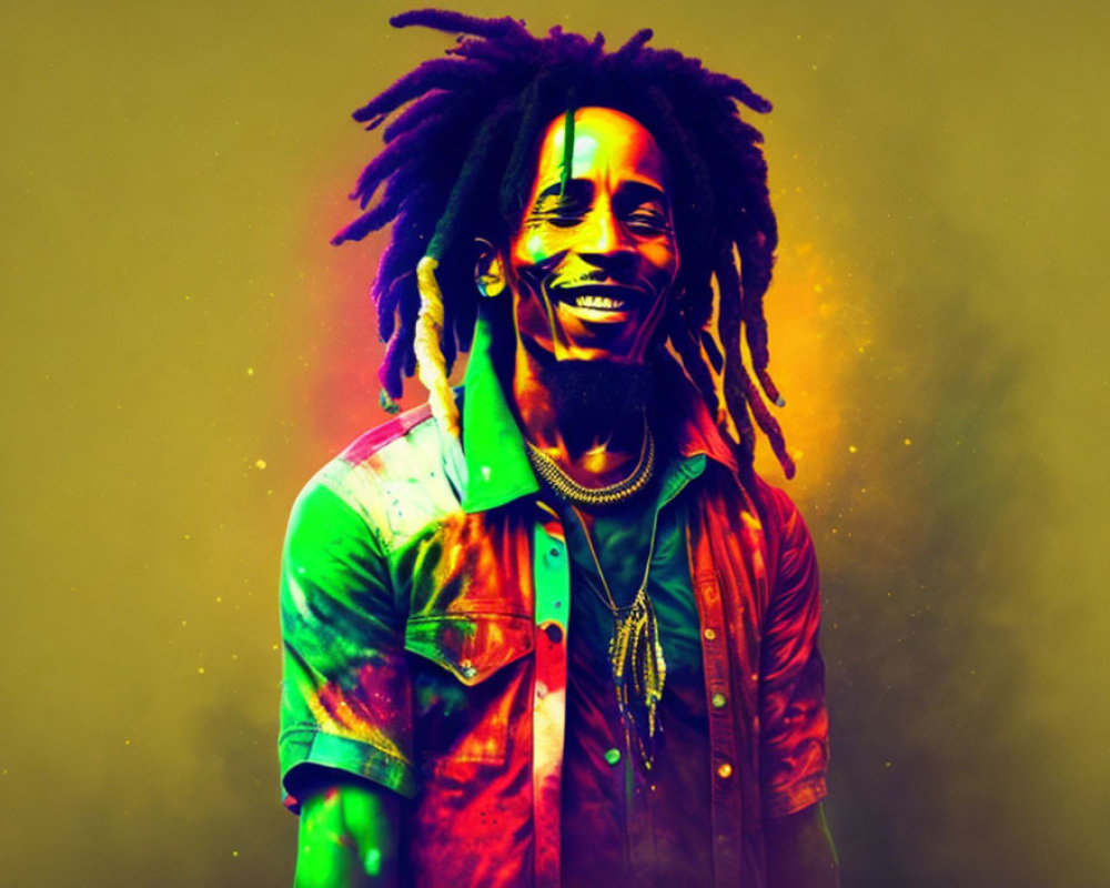 Colorful portrait of smiling individual with dreadlocks in vibrant yellow and green hues