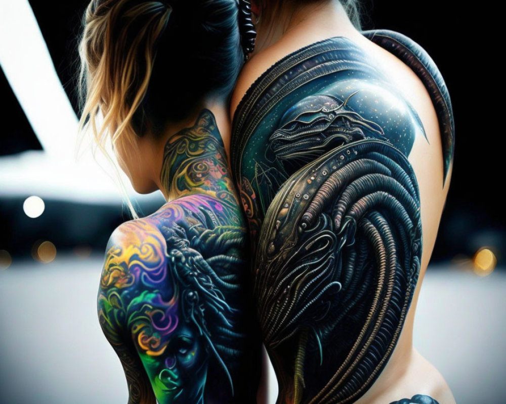 Detailed close-up of colorful cosmic and alien creature back tattoos