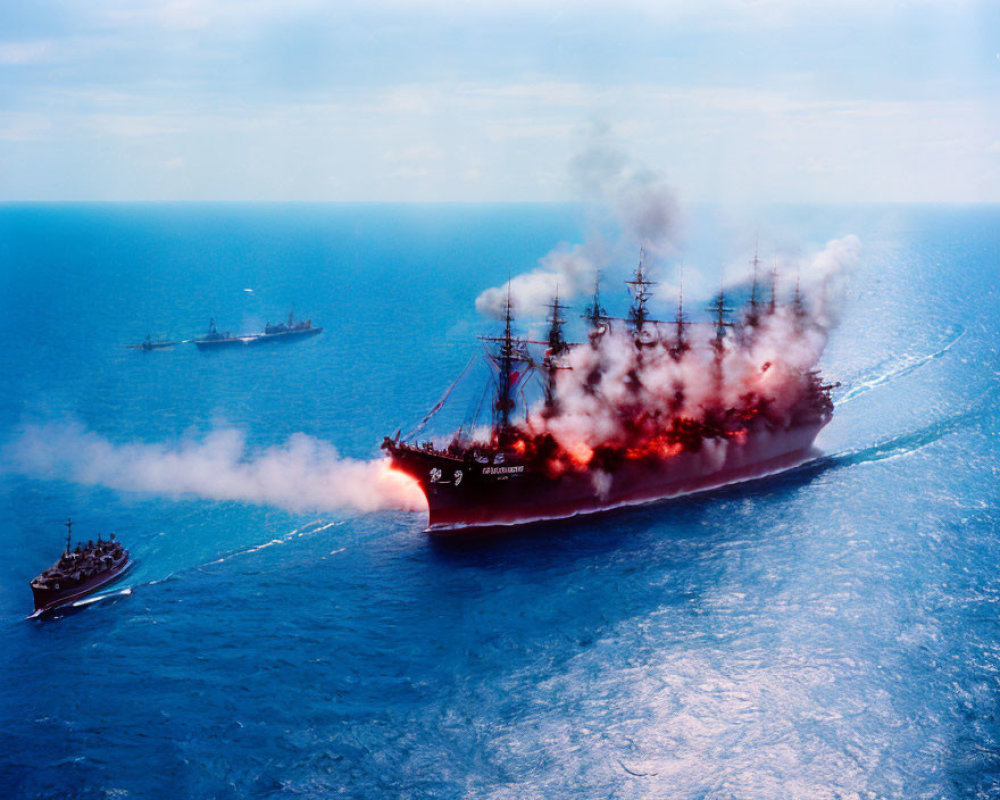 Tall Ship Surrounded by Red Smoke on Ocean