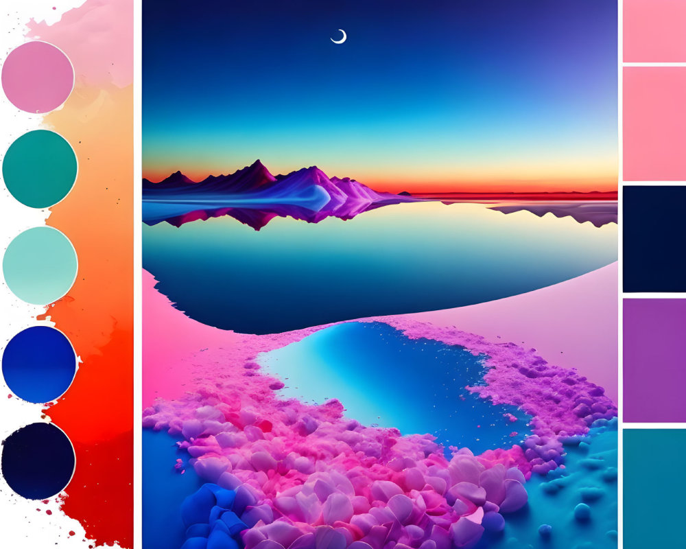 Surreal landscape digital art: vibrant colors, reflective water, twilight mountains, crescent moon