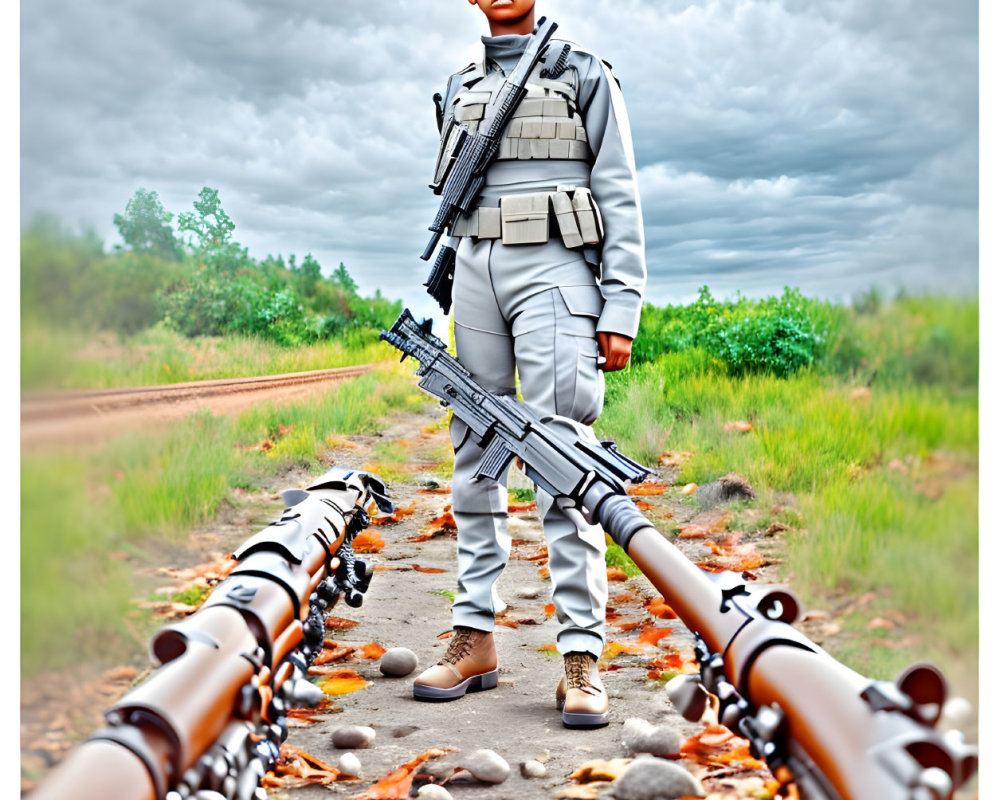 Confident young boy in militaristic outfit with rifle under cloudy sky
