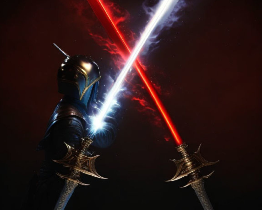 Figure in Blue Helmet and Armor with Crossed Light Blades on Dark Background