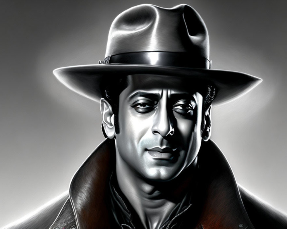 Monochrome digital artwork of a serious man in fedora and leather jacket
